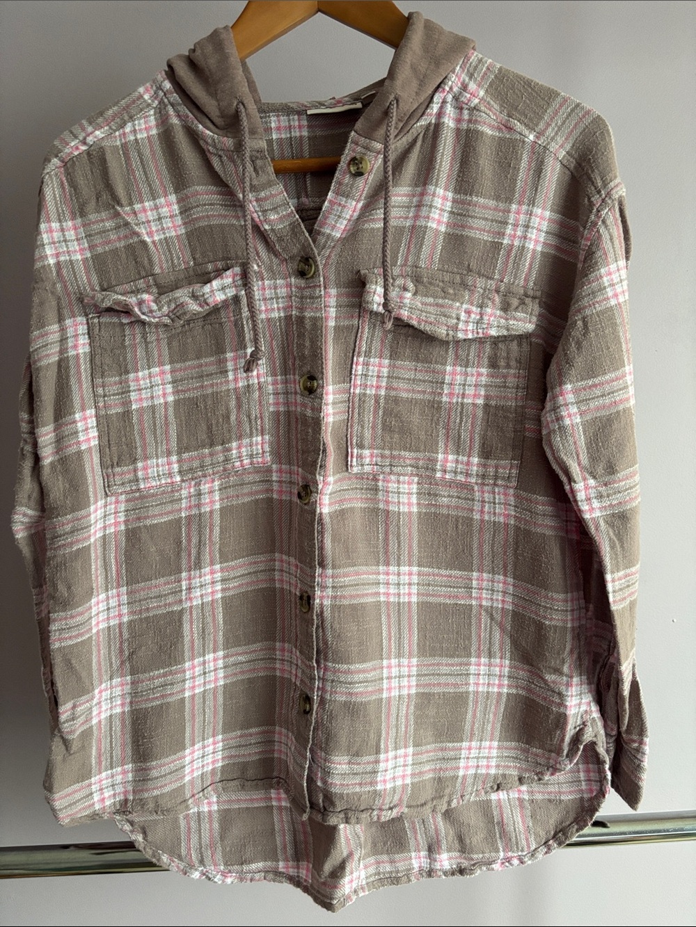 SO Taupe Plaid Button-Down Tunic Shirt with Hood